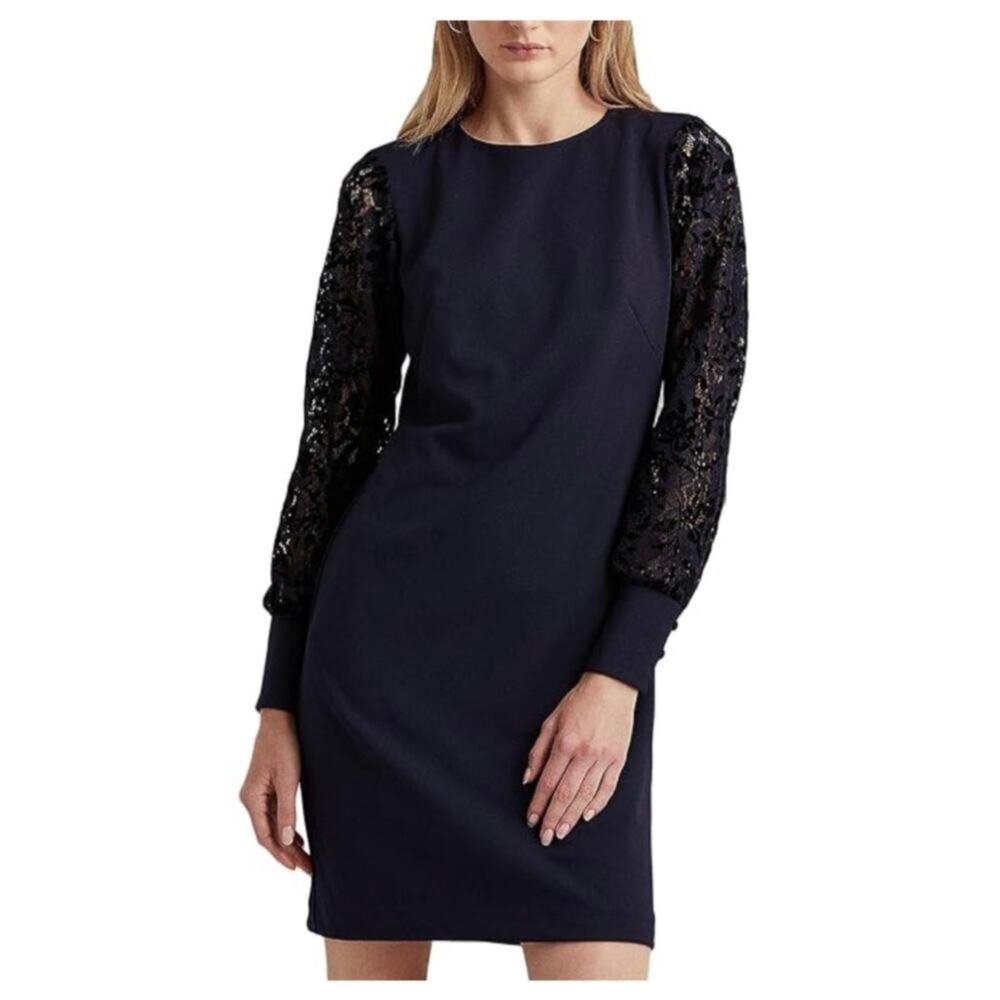 Ralph Lauren Long Sleeve Lace and Crepe Shift Cocktail Dress Navy Blue Size 8